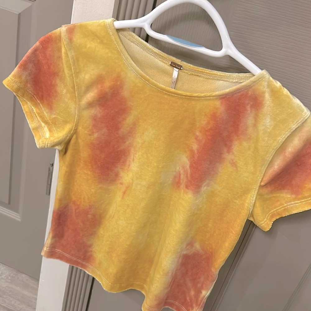 Free People Yellow and Orange Velvet Tie-Dye Cropped Top